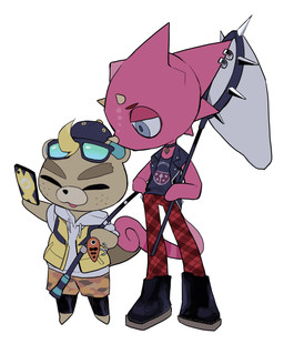 alternative_fashion anthro backwards_baseball_cap backwards_hat baseball_cap blonde_hair buckteeth butterfly_net cellphone chibi choker clothing duo electronics fishing_rod freckles goth hair hat headgear headwear jewelry male necklace net phone red_body red_scales scales selfie size_difference smartphone teeth metayayurusu animal_crossing nintendo c.j._(animal_crossing) flick_(animal_crossing) beaver chameleon lizard mammal reptile rodent scalie hi_res