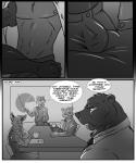 5:6 abs anthro bear biceps big_muscles bottomwear bulge canid canine clothing comic dialogue donryu english_text fox greyscale group hi_res jared_(donryu) male male/male mammal monochrome mouse murid murine muscular muscular_male necktie pants pecs rodent rough_day text