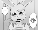 anime_reference anthro bed dialogue disembodied_hand dresser duo female first_person_view furniture hands_on_shoulders looking_at_viewer manga_style shoulderless_topwear solo_focus agidyne rose_(agidyne) lagomorph leporid mammal rabbit hi_res monochrome