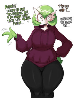 biped breasts clothed clothing dialogue female front_view green_hair hair hand_on_hip huge_thighs not_furry pupils simple_background small_waist standing text thick_thighs white_body saltyxodium nintendo pokemon gardevoir generation_3_pokemon humanoid pokemon_(species) 2025 hi_res