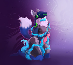animal_genitalia animal_penis anthro big_penis blue_body blue_fur blush blush_lines bodily_fluids canine_genitalia canine_penis cum cumshot dipstick_tail ejaculation erection fur genital_fluids genitals inner_ear_fluff kneeling knot knotted_penis looking_pleasured machine male markings penis pink_penis protogen_armor restrained restrained_by_tentacles sex smile solo tail tail_markings tentacle_sex tentaclejob tentacles tuft white_body white_fur benzimit protogen 2025 colored digital_drawing_(artwork) digital_media_(artwork) hi_res shaded