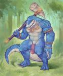 4_fingers anthro armpitcore420 barbed_humanoid_penis blue_body blue_scales blue_tail claws fingers flaccid genitals glans grass hammer hi_res holding_object holding_weapon humanoid_genitalia humanoid_penis hybrid_genitalia hybrid_penis kroxigor lizardman lizardman_(warhammer) male open_mouth penile_spines penis plant reptile scales scalie sharp_teeth solo tail teeth tools vein veiny_penis warhammer warhammer_(franchise) warhammer_fantasy weapon weapon_on_shoulder
