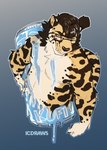 anthro beverage blue_eyes claws energy_drink eyewear fangs fur glasses hair male markings smile solo spots spotted_body spotted_fur teeth icecreamdraws kofi_(kofithechee) cheetah felid feline king_cheetah mammal digital_media_(artwork) hi_res