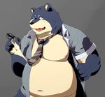 2014 anthro belly canid canine canis clothed clothing domestic_dog humanoid_hands kemono male mammal moobs navel necktie nipples open_clothing open_shirt open_topwear overweight overweight_anthro overweight_male shirt simple_background solo topwear wdh3905