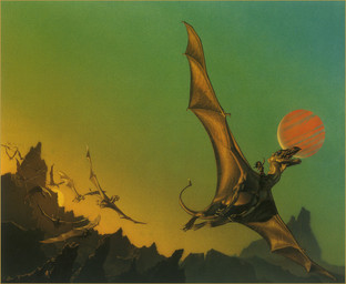 ambiguous_gender female feral group membrane_(anatomy) membranous_wings moon mountain outside riding sky straddling sun tail wings michael_whelan mythology pern lessa_(pern) ramoth_(pern) dragon human mammal mythological_creature mythological_scalie scalie 1978 20th_century ancient_art book_cover cover