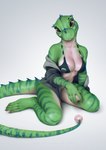amphibian anthro areola areola_slip blue_stripes breasts clothed clothing digital_media_(artwork) female green_body hi_res looking_at_viewer membrane_(anatomy) midriff navel simple_background solo source_request striped_body stripes unavailable_at_source wayn_animation