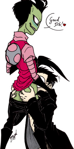 antennae_(anatomy) backpack blush butt butt_grab clothed clothed_sex clothing duo exclamation_point eyewear fellatio genitals glasses gloves green_body green_skin grope hand_on_butt handwear heart_symbol hug male male/male male_penetrated male_penetrating male_penetrating_male oral pak penetration penile penis seductive sex simple_background smile speech_bubble white_background hyenakay invader_zim nickelodeon dib_membrane zim_(invader_zim) alien alien_humanoid human humanoid irken mammal signature