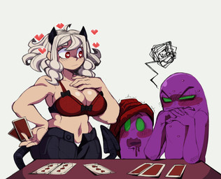 ambiguous_gender big_breasts black_bottomwear black_clothing black_horn black_pants black_tail bottomwear bra breasts card cleavage clothed clothing eyelashes female furniture grey_background grey_hair group hair hand_on_chest heart_eyes heart_symbol horn navel pants playing_card red_bra red_clothing red_eyes red_underwear short_hair simple_background spade_tail table tail tan_body tan_skin trio underwear wide_hips ink01 third-party_edit goldsden_(colorist) helltaker modeus_(helltaker) demon demon_humanoid horned_humanoid humanoid tailed_humanoid absurd_res colored hi_res