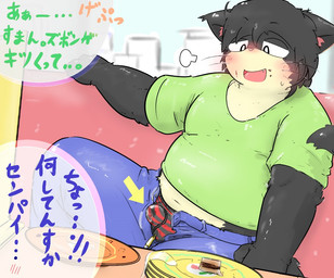 after_eating anthro belly_peeking_out blush bodily_fluids bottomwear breath bulge clothed clothing denim denim_bottomwear denim_clothing dialogue food front_view furniture genital_fluids inside jeans looking_down male navel offscreen_character open_bottomwear open_clothing open_mouth open_pants overweight overweight_anthro overweight_male pants partially_clothed pattern_clothing pattern_underwear plate plate_pile precum precum_through_clothing precum_through_underwear public restaurant shirt sitting solo speech_bubble striped_clothing striped_underwear stripes table tail tail_motion tailwag text topwear underwear wet wet_clothing whiskers yuskenn domestic_cat felid feline felis mammal 2016 dated japanese_text translation_request