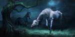 ambiguous_gender bone detailed_background duo feral grass hooves night nightmare_fuel outside plant skeleton standing teeth tree vitaj equid equine horse mammal 2019 2:1 absurd_res cool_colors dark_theme digital_media_(artwork) hi_res teal_theme