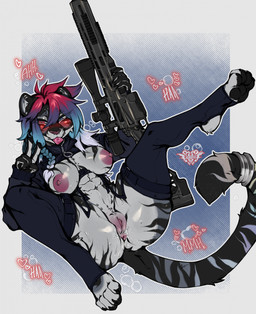 abs anthro anus areola biped blush breasts butt claws clothed clothed_anthro clothed_female clothing ear_piercing feet female fingers front_view fur genitals gun hair inner_ear_fluff looking_at_viewer markings navel nipples piercing ranged_weapon solo spread_legs spreading striped_body striped_fur striped_markings striped_tail stripes tail tail_markings toes tuft vulva weapon avante92 felid mammal pantherine tiger 2025 digital_drawing_(artwork) digital_media_(artwork) hi_res