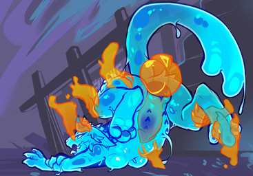 anthro blue_body blue_eyes female fluffy_ears fluid-body genitals ghost_sex horn knot knotted_penis lying_on_ground on_ground penis slightly_chubby solo spikes tail thick_tail tongue tongue_out translucent translucent_penis conditional_dnp elvche goo_creature 2024 digital_media_(artwork)