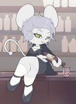 alcohol anthro bar bartender beverage bottle container female green_eyes grey_hair hair kemono pouring short_hair solo thick_thighs whiskers white_body quinto nintendo pokemon generation_9_pokemon mammal maushold mouse murid murine pokemon_(species) rodent tandemaus hi_res