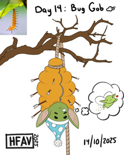 ambiguous_gender branch clothing eyes_closed green_body green_skin hat headgear headwear humanoid_pointy_ears nightcap pointy_ears simple_background sleeping sleeping_bag solo text thought_bubble upside_down white_background h-fav gobtober goblin humanoid 2025 4:5 absurd_res hi_res