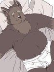 anthro bed black_nose briefs briefs_only brown_body brown_fur clothed clothing fur furniture heyitscousindave hi_res male monotone_briefs monotone_clothing monotone_underwear overweight overweight_male pillow solo tighty_whities topless toru_(heyitscousindave) underwear underwear_only white_briefs white_clothing white_underwear