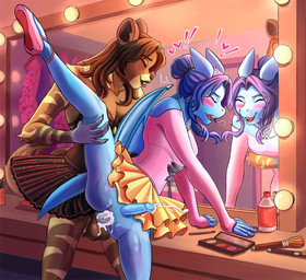 anal anal_penetration anthro ballerina ballerina_position ballerina_shoes ballet balls blue_body blue_hair blue_penis blush bodily_fluids bottomwear brown_balls brown_body brown_fur brown_hair clothed clothed_anthro clothing cosmetics cum cum_in_ass cum_inside dancewear duo erection eunuch fur genital_fluids genitals gynomorph gynomorph/gynomorph gynomorph_penetrated gynomorph_penetrating gynomorph_penetrating_gynomorph gynomorph_penetrating_intersex hair heart_symbol humanoid_genitalia intersex intersex/intersex intersex_penetrated intersex_penetrating intersex_penetrating_gynomorph intersex_penetrating_intersex mirror mirror_reflection penetration penis reflection sex skirt smile tail bartolomy mythology darin_(darin) flannigan_(darin) dragon hyena mammal mythological_creature mythological_scalie scalie 2023