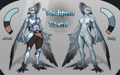 abs anthro armor beak belt bottomwear breasts brown_eyes claws clothing feathers female genitals grey_body hair headgear helmet muscular muscular_anthro muscular_female navel nipples non-mammal_breasts non-mammal_navel non-mammal_nipples nude pants ponytail small_breasts solo thick_thighs vulva wings scarlet_side avian hi_res model_sheet