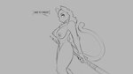 16:9 2019 anthro breasts dialogue digital_drawing_(artwork) digital_media_(artwork) domestic_cat english_text felid feline felis female grey_background mammal melee_weapon monochrome nipples nude side_view simple_background sketch smile solo tail text watsup weapon widescreen