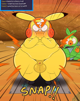 anthro balls biped blush chubby_cheeks clothing cosplay_pikachu_(costume) duo footwear gameplay_mechanics genitals kerchief male male_anthro mask overweight overweight_male panties penis shocked shoes sports_mask sportswear text text_box thick_thighs torn_clothing torn_mask torn_panties torn_underwear trap_(pokemon_mystery_dungeon) underwear wardrobe_malfunction weight_gain wide_eyed wrestling_mask tepigfan101 nintendo pokemon pokemon_mystery_dungeon spike_chunsoft calvin_(tepigfan101) casey_(tepigfan101) pikachu_libre generation_1_pokemon generation_8_pokemon grookey pikachu pokemon_(species) 2026 absurd_res digital_media_(artwork) english_text hi_res