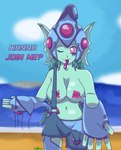 anthro armor beach big_breasts bikini bikini_top braided_hair breasts clothed clothing cloud female fin gauntlets gloves green_body green_skin hair handwear headgear helmet holding_clothing holding_object looking_at_viewer nipples one_eye_closed overalls pink_eyes pink_nipples sea seaside solo swimwear text tongue tongue_out topless topless_female two-piece_swimsuit water wink winking_at_viewer safeguardvivi bandai_namco digimon molly_(safeguardvivi) amphibian animal_humanoid digimon_(species) frog humanoid marine marine_humanoid ranamon 2024 digital_drawing_(artwork) digital_media_(artwork) hi_res signature