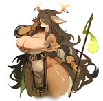 anthro antlers bare_shoulders big_breasts bottomwear breasts brown_body brown_fur bulging_breasts cleavage clothed clothing dress ears_down female fingers fur holding_object holding_staff horn huge_breasts kemono loincloth looking_at_viewer pivoted_ears simple_background solo staff thick_thighs white_background white_clothing white_dress wide_hips utterangle cyberconnect2 drecom full_bokko_heroes cernunnos_(full_bokko_heroes) deer mammal 2023 colored digital_media_(artwork) hi_res shaded