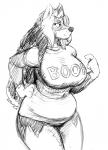 anthro big_breasts black_and_white breasts canid canine canis domestic_dog female gesture hand_gesture hand_on_hip hi_res hladilnik huge_breasts mammal monochrome pointing pointing_at_self simple_background slightly_chubby smile solo wally_(itswintersartblog)