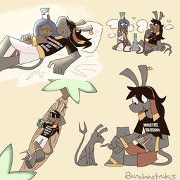 anthro bed beef_jerky_(food) black_hair blue_hair bottomwear clothing container cuddling cup disposable_cup dress drinking duo eating eating_food feeding female footwear forked_tail furniture hair hammock hookah humor male male/female married_couple palm_tree plant sandals shendyt shirt shoes shorts sleeping sleeping_together smoking t-shirt tail text text_on_clothing text_on_shirt text_on_topwear topwear tree unusual_anatomy unusual_tail white_clothing white_dress bunchasticks egyptian_mythology middle_eastern_mythology mythology nephthys set_(deity) deity human mammal set_(species) 1:1 hi_res