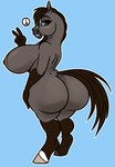 anthro big_breasts big_butt blue_eyes breasts brown_hair butt female fur gesture grey_body grey_fur hair hand_gesture huge_breasts looking_at_viewer looking_back nipples nude peace_symbol short_stack simple_background smile solo v_sign spunkyosiris equid equine horse mammal hi_res