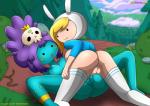 adventure_time avoid_posting bbmbbf blonde_hair breasts butt cartoon_network clothed clothing digital_media_(artwork) duo erect_nipples female female/female fionna_the_human genitals hair hi_res humanoid jungle_princess legwear looking_at_viewer looking_back lying nipples not_furry nude on_back open_clothing open_mouth open_shirt open_topwear outside purple_hair pussy rear_view shirt side_boob smile spread_legs spreading stockings thigh_highs topwear