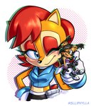 anthro black_hair black_nose blue_eyes blush brown_body brown_fur clothing duo female fur gesture gloves green_eyes hair hand_gesture handwear one_eye_closed red_hair smile v_sign slliphylla archie_comics sega sonic_the_hedgehog_(archie) sonic_the_hedgehog_(comics) sonic_the_hedgehog_(series) nicole_the_lynx sally_acorn chipmunk felid feline ground_squirrel lynx mammal rodent sciurid hi_res