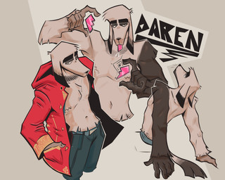 5_fingers anthro biped black_body black_fur black_nose bottomwear clothing ears_down eyebrows fingernails fingers front_view fur jacket long_ears long_pants looking_back male nails navel pants pivoted_ears rear_view red_clothing red_jacket red_topwear shirtless_anthro shirtless_male simple_background solo standing tan_background text thick_eyebrows tongue tongue_out topwear whiskers white_body white_fur dracks daren_(dracks) canid canine canis domestic_dog mammal 2025 digital_drawing_(artwork) digital_media_(artwork) english_text hi_res