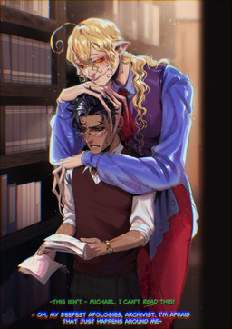 ahoge blonde_hair book bookshelf claws clock clothed clothing curly_hair detailed_background dialogue duo ear_piercing eyewear fingers furniture glasses hair holding_object holding_paper humanoid_pointy_ears lips long_fingers long_hair male male/male not_furry paper piercing pointy_ears scar shelf shirt smile text topwear vest watch wristwatch blackberreh the_magnus_archives jonathan_sims michael_shelley the_distortion avatar_(tma) beholding_(tma) entity_(tma) human humanoid mammal spiral_(tma) absurd_res colored digital_media_(artwork) english_text hi_res