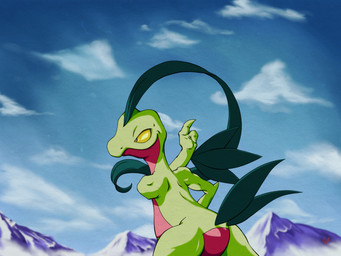 ambiguous_gender anthro blue_sky butt cloud green_body leaf leaf_hair leaf_tail monobutt mountain multicolored_body plant plant_hair pseudo_hair rear_view red_body semi-anthro sky smile solo tail two_tone_body yellow_sclera butterlord120 nintendo pokemon generation_3_pokemon grovyle pokemon_(species) digital_media_(artwork) hi_res