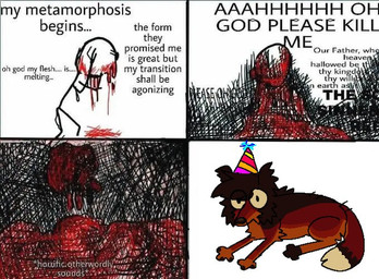 ambiguous_gender birthday blood bodily_fluids clothing dialogue feral fur gore hat headgear headwear party_hat red_body red_fur shitpost solo text puppy_meats rooster_(rottingxrooster) canid canine canis domestic_dog human mammal comic english_text meme