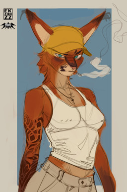 anthro blue_eyes cigarette cigarette_in_mouth clothing cocked_hip cross female hat headgear headwear nipple_piercing nipples object_in_mouth piercing shirt smoke solo tank_top tattoo topwear ekzonzz caracal caracal_(genus) felid feline mammal absurd_res hi_res