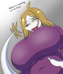 anthro big_breasts blonde_hair breasts claws clothing comforting dialogue eyebrows eyelashes eyelashes_through_hair feathers female freckled_face freckled_tail freckles gradient_background grey_background hair huge_breasts long_hair looking_at_viewer looking_down looking_down_at_viewer mature_female open_mouth pupils purple_clothing purple_shirt purple_topwear scales shirt simple_background slit_pupils solo tail tail_feathers talking_to_viewer text tongue topwear translucent translucent_hair white_body white_claws white_eyes white_scales yellow_body yellow_feathers yellow_sclera rumydaigo cavemanon_studios snoot_game tarja_(snoot_game) dinosaur prehistoric_species reptile scalie theropod troodon troodontid 2025 colored english_text finnish_text hi_res shaded