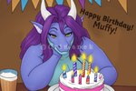 anthro big_breasts birthday birthday_cake blue_body blue_scales breasts cake claws dessert female food hair horn long_hair long_mouth looking_at_viewer nude purple_hair scales slightly_chubby solo crimsnek mythology muffy_(muffydinamo) dragon mythological_creature mythological_scalie reptile scalie 2024 colored detailed digital_media_(artwork) hi_res watermark