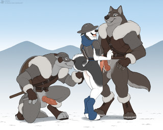 animal_genitalia animal_penis anthro armor balls bodily_fluids bottomless butt canine_genitalia canine_penis clothed clothing cum erection fur genital_fluids genitals group headgear helmet knot knotted_penis male male/male penis trio jishinu canid canine canis domestic_dog husky mammal nordic_sled_dog spitz wolf 2025 hi_res