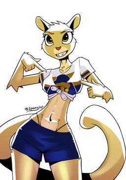 5_fingers anthro big_tail biped blue_bottomwear blue_clothing blue_shorts bottomwear breasts clothed clothed_anthro clothed_female clothing female female_anthro fingers fluffy fur gesture hand_gesture light mascot medium_breasts midriff navel pointing pointing_at_breasts pointing_at_self shirt shorts simple_background slim slim_anthro slim_female smile soccer_jersey soccer_uniform solo sportswear tail thong_straps tied_shirt topwear uniform white_background wide_hips yellow_body yellow_eyes yellow_fur gatonejo club_universidad_nacional liga_mx goya_(pumas_unam) cougar felid feline mammal 2026 absurd_res digital_drawing_(artwork) digital_media_(artwork) hi_res signature