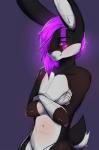 anthro black_body black_eyes black_fur crossed_arms fur glowing grey_body grey_fur hair long_ears looking_at_viewer male purple_body purple_fur purple_hair raised_tail simple_background smile solo tail naomy aleister_longears hare lagomorph leporid mammal hi_res