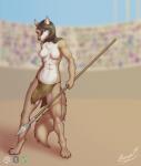 2017 abs absurd_res anthro arena areola bottomwear breasts canid canine canis chest_tuft clothed clothing collar coyote crowd digital_media_(artwork) female fur group hair hi_res holding_object holding_weapon jessica_vega loincloth mammal melee_weapon muscular muscular_female nipples outside reaper3d shaded simple_background solo_focus standing topless tuft weapon