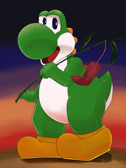 ambiguous_feral ambiguous_gender belly biped clothing countershade_belly countershade_body countershade_face countershade_tail countershade_torso countershading feral fingers footwear green_arms green_body green_face green_hands green_tail head_ridge holding_object holding_stick looking_at_viewer monotone_belly multicolored_body open_mouth open_smile orange_clothing orange_footwear orange_shoes round_nose semi-anthro shoes short_tail side_view smile smiling_at_viewer solo stick sunset tail tapering_tail text two_tone_body two_tone_face two_tone_tail white_belly white_body white_face white_tail sabamiso_(sabamasasix) mario_bros nintendo dinosaur green_yoshi prehistoric_species reptile scalie yoshi 2019 3:4 digital_drawing_(artwork) digital_media_(artwork) full-length_portrait hi_res japanese_description japanese_text portrait translation_request
