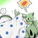 1:1 ambiguous_gender anthro bedding blanket boxers_(clothing) bulge clothing comic dinosaur duo erection generation_2_pokemon green_body green_skin japanese_text larger_male larvitar low_res male morning_wood naive nelly nintendo pokemon pokemon_(species) reptile scalie simple_background size_difference sleeping smaller_ambiguous tenting text translated tyranitar underwear