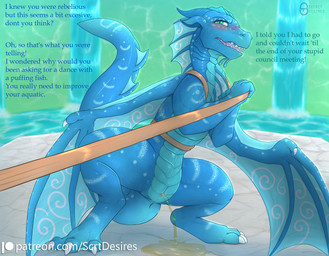 anus blue_body blue_scales blush bodily_fluids claws dialogue female feral frill_(anatomy) genital_fluids genitals green_eyes harness long_neck membrane_(anatomy) membranous_frill membranous_wings offscreen_character peeing peeing_on_ground scales sharp_teeth snout solo spread_legs spreading tail teeth text toe_claws urine urine_on_ground vulva water waterfall wings secret_desires mythology wings_of_fire tsunami_(wof) aquatic aquatic_dragon dragon mythological_creature mythological_scalie scalie seawing_(wof) english_text hi_res shaded