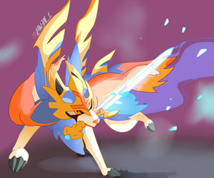 4_toes action_pose ambiguous_gender attack black_claws blue_body blue_fur claws crown feet feral fighting_pose front_view fur glowing headgear holding_melee_weapon holding_object holding_sword holding_weapon light looking_aside melee_weapon mouth_hold multicolored_body multicolored_fur object_in_mouth orange_body orange_fur pointy_ears pose prick_ears purple_background quadruped raised_leg red_nose shadow simple_background snout solo sword sword_in_mouth tan_body tan_fur tendrils toe_claws toes weapon weapon_in_mouth yellow_body yellow_eyes yellow_fur lawen nintendo pokemon canid crowned_sword_zacian generation_8_pokemon legendary_pokemon mammal pokemon_(species) zacian 2019 absurd_res digital_drawing_(artwork) digital_media_(artwork) full-length_portrait hi_res lighting portrait