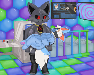 ambiguous_gender anthro bdsm bondage bound clothed clothing crib diaper drone duo gag glistening glistening_latex gloves handwear latex latex_clothing latex_gloves latex_handwear legwear object_in_mouth pacifier pacifier_gag pacifier_in_mouth red_eyes sex_toy thigh_highs vibrator wand_vibrator wearing_diaper miller_(artist) aerocats drst f-35_lightning_ii lockheed_martin project_c.a.t.s cupcake_(tuchs) r4v3n_(starfoth) domestic_cat felid feline felis mammal 5:4 absurd_res hi_res
