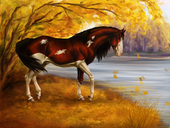 anatomically_correct anatomically_correct_genitalia animal_genitalia attached_sheath autumn autumn_leaves barely_visible_genitalia barely_visible_sheath black_hair black_mane black_tail blue_eyes detailed_background feral fully_sheathed fur genitals grass hair hooves leaves_on_ground male male_feral mane markings multicolored_body multicolored_fur plant quadruped raised_leg red_body sheath solo tail tree unguligrade water white_body white_fur beesa equid equine horse mammal pinto pinto_horse 2021 4:3 digital_media_(artwork) digital_painting_(artwork) hi_res painting_(artwork) signature