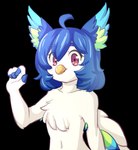 4_fingers anthro beak blue_hair chest_tuft female fingers fur hair inner_ear_fluff looking_at_viewer pink_eyes solo tuft white_body white_fur unknown_artist perico avian bird alpha_channel half-length_portrait portrait