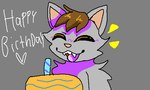 anthro biped birthday brown_hair cake candle dessert eyes_closed food fur grey_background grey_body grey_fur hair happy happy_birthday heart_symbol male open_mouth simple_background solo teeth text anonymous_artist tiberius_magnus domestic_cat felid feline felis mammal 2025 5:3 low_res shaded