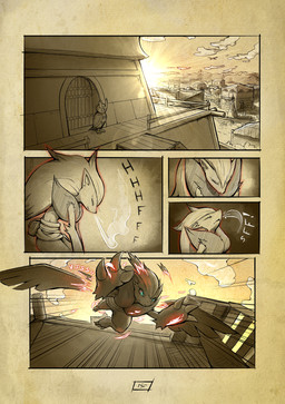 anthro biped cloud day eyes_closed female green_eyes hair illusion light long_hair outside page_number pouch_(clothing) red_glow sky solo sun sunlight text town wings truescorn nintendo pokemon pokemon_mystery_dungeon spike_chunsoft clarity_(truescorn) generation_2_pokemon generation_5_pokemon noctowl pokemon_(species) zoroark 2025 comic english_text hi_res